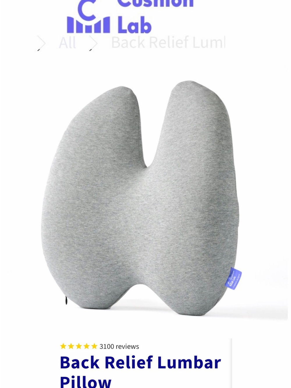 Cushion Lab Back Relief Lumbar Pillow “for office chair”. Grey Gray Home Sitting